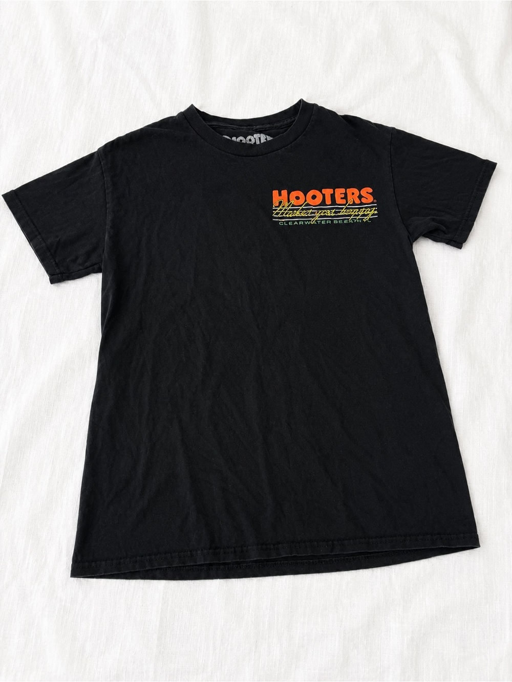 Hooters Black Tee with Orange Logo and Yellow Accent